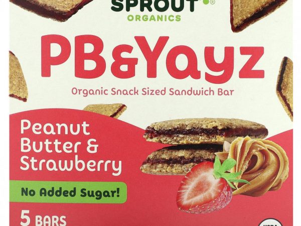 Sprout Organics, PB & Yayz, органический сэндвич-батончик для снеков, с арахисовым маслом и клубникой, 5 батончиков, 29 г (1,02 унции)