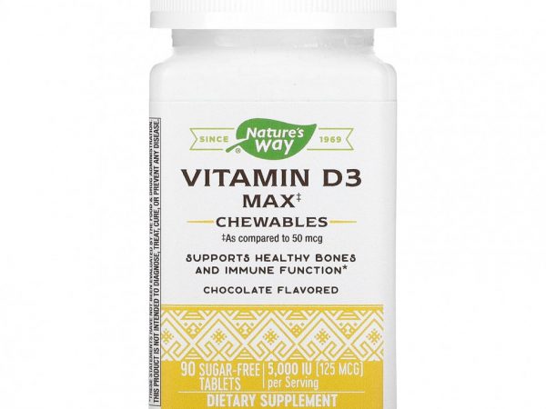 Nature's Way, Vitamin D3 Max, шоколад, 125 мкг (5000 МЕ), 90 таблеток без сахара