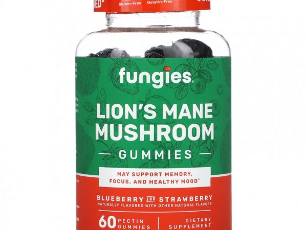 Fungies, Жевательные мармеладки с грибами из львиной гривы, голубика и клубника, 60 жевательных таблеток с пектином