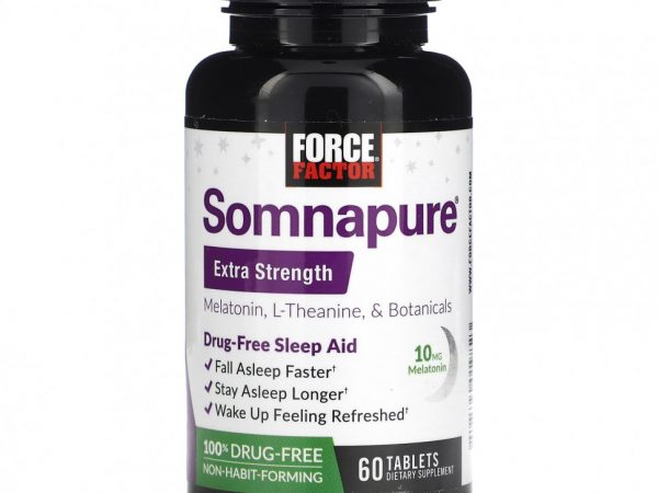 Force Factor, Force Factor, Somnapure, мелатонин с повышенной силой действия, L-теанин и растительные ингредиенты, 60 таблеток