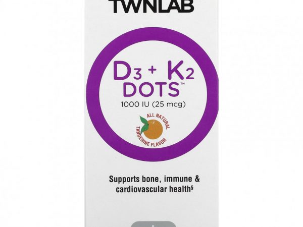 Twinlab, D3 Dots + K2, полностью натуральный мандарин, 1000 МЕ (25 мкг), 60 таблеток