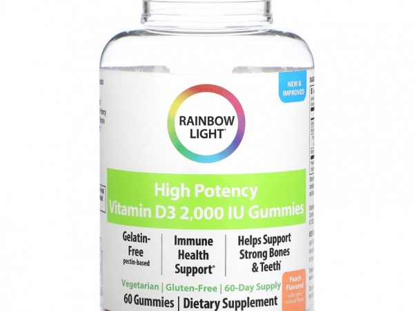 Rainbow Light, Высокоэффективный витамин D3, персик, 2000 МЕ, 60 жевательных таблеток