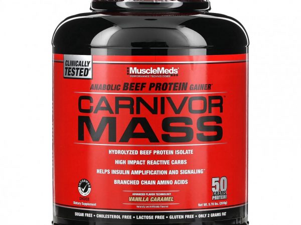 MuscleMeds, Carnivor Mass, ускоряющее обменные процессы говяжье белковое средство для набора массы, ваниль и карамель, 5,93 фунтов (2688 г)