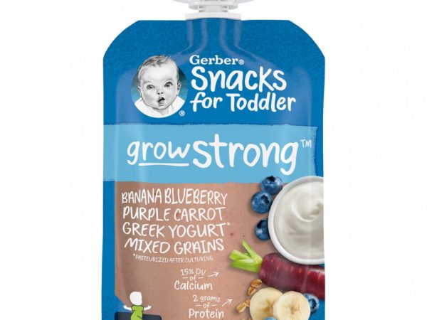 Gerber, Snacks for Toddler, Grow Strong, от 12 месяцев, банан, голубика, фиолетовый, морковь, греческий йогурт, смесь злаков, 99 г (3,5 унции)