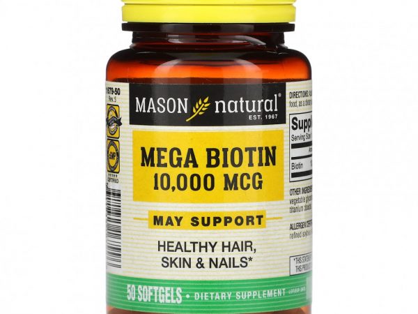 Mason Natural, Жидкий мега биотин, 10,000 мкг, 50 гелевых капсул