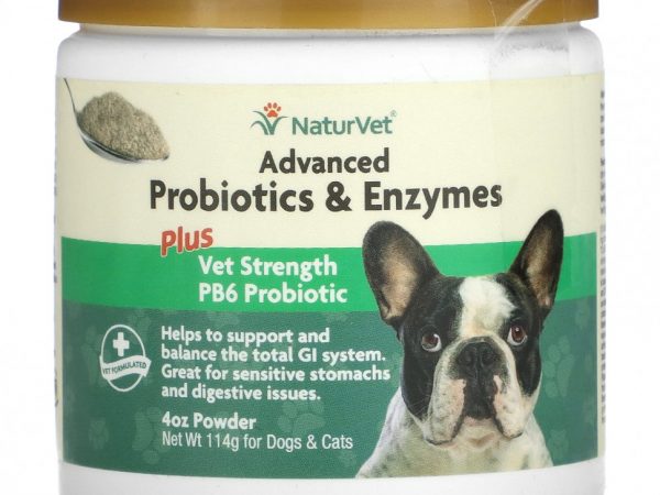NaturVet, Улучшенные пробиотики и ферменты с пробиотиком PB6 Vet Strength, для собак и кошек, 114 г (4 унции)
