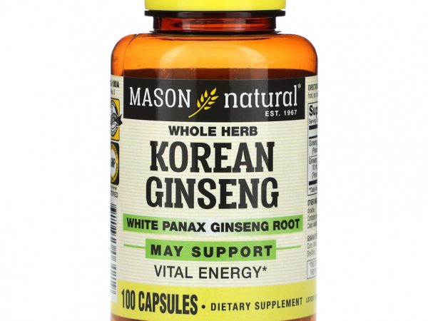 Mason Natural, Корейский женьшень из цельных трав с корнем белого женьшеня, 100 капсул