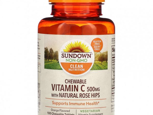 Sundown Naturals, Жевательный витамин C с натуральным шиповником, апельсин, 500 мг, 100 жевательных таблеток