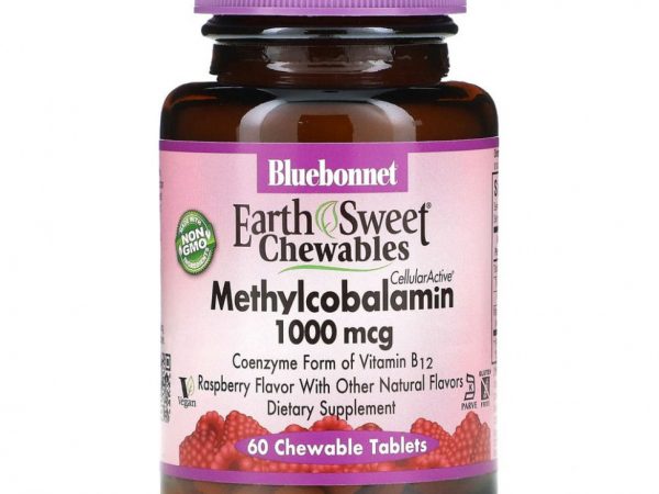 Bluebonnet Nutrition, EarthSweet, жевательные таблетки, метилкобаламин, натуральный малиновый вкус, 1000 мкг, 60 жевательных таблеток
