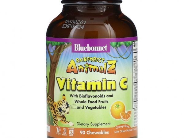 Bluebonnet Nutrition, Super Earth, Rainforest Animalz, витамин С, натуральный апельсиновый вкус, 90 жевательных таблеток в форме животных