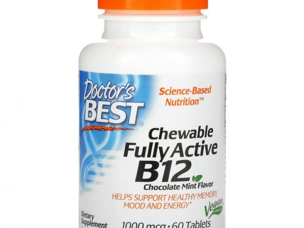 Doctor's Best, активный витамин B12, шоколад и мята, 1000 мкг, 60 жевательных таблеток