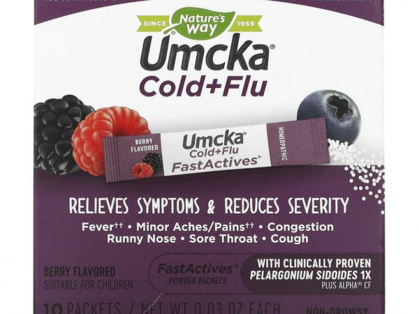 Nature's Way, Umcka, Fast Actives, для лечения простуды и гриппа, не вызывает сонливость, с ягодным вкусом, 10 пакетов с порошком