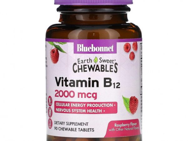 Bluebonnet Nutrition, Жевательные таблетки «EarthSweet», витамин B12, натуральный вкус малины, 2000 мкг, 90 шт.