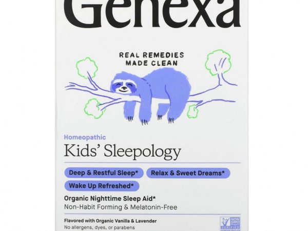 Genexa, Kid's Sleepology, органическая добавка для нормализации ночного сна, вкус ванили и лаванды, для детей от 3 лет, 60 жевательных таблеток