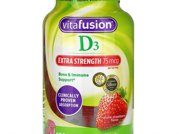 VitaFusion, Витамин D3 повышенной силы действия, поддержка костей и иммунитета, натуральный клубничный вкус, 37.5 мкг, 120 жевательных мармеладок