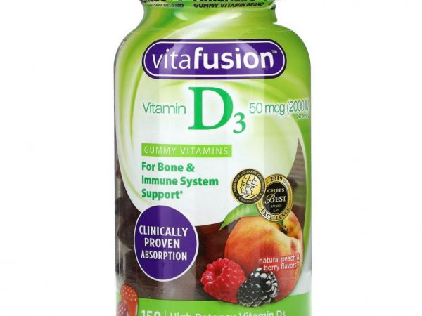 VitaFusion, витамин D3, с натуральным вкусом персика и ягод, 25 мкг (1000 МЕ), 150 жевательных таблеток