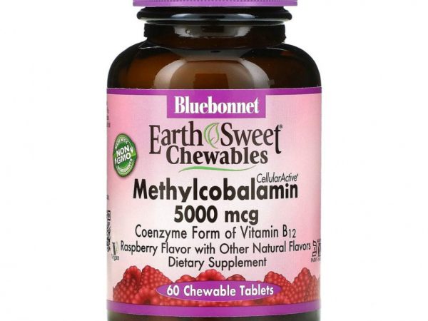 Bluebonnet Nutrition, EarthSweet, жевательные таблетки CellularActive, метилкобаламин, малиновый вкус, 5000 мкг, 60 жевательных таблеток