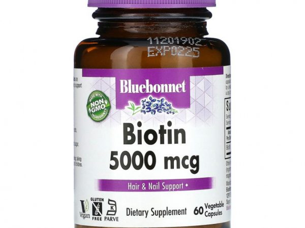 Bluebonnet Nutrition, Биотин, 5000 мкг, 60 растительных капсул