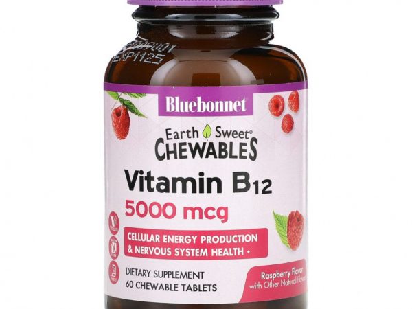 Bluebonnet Nutrition, Earth Sweet Chewables, витамин B12, малина, 5000 мкг, 60 жевательных таблеток