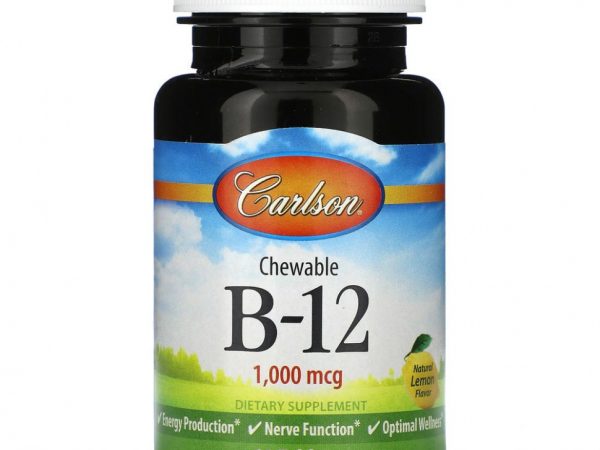 Carlson, Жевательные витамины B12, лимон, 1000 мкг, 90 таблеток