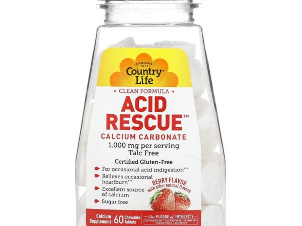 Country Life, Acid Rescue, карбонат кальция, ягодный вкус, 1000 мг, 60 жевательных таблеток