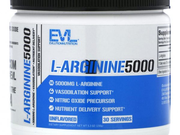 EVLution Nutrition, L-аргинин 500, без добавок, 5000 мг, 150 г (5,3 унции)