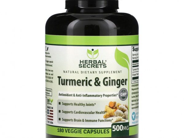 Herbal Secrets, Куркума и имбирь, 500 мг, 180 растительных капсул