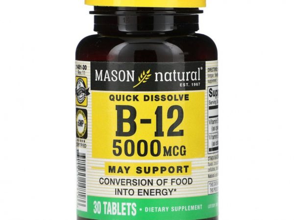 Mason Natural, Витамин B-12, малиновый ароматизатор, 5000 мкг, 30 подъязычных таблеток