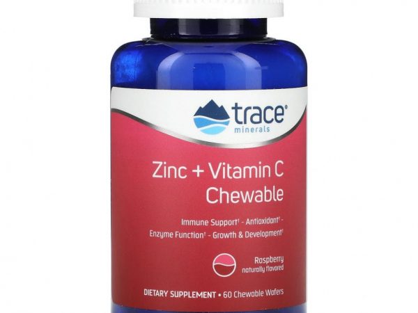 Trace Minerals ®, Жевательные таблетки с цинком и витамином C, малина, 60 жевательных вафель