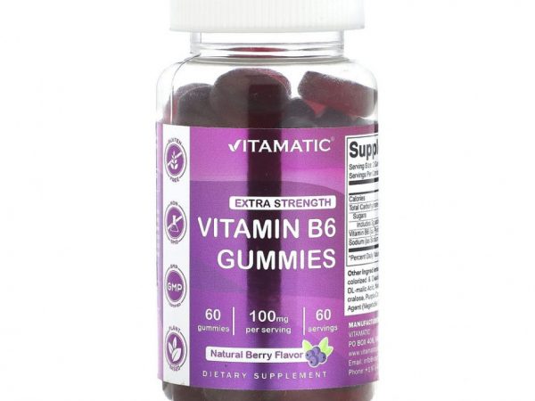 Vitamatic, Витамин B6, повышенная сила действия, ягоды, 50 мг, 60 жевательных таблеток