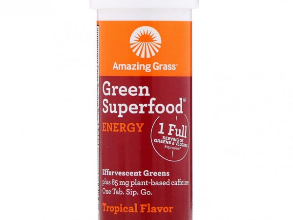 Amazing Grass, Green Superfood, шипучие таблетки из зелени для пополнения запаса энергии, со вкусом тропических фруктов, 10 таблеток