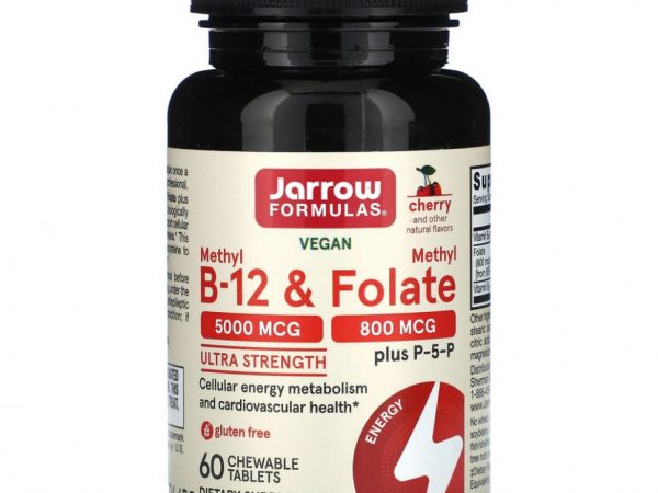Jarrow Formulas, метил B12 и метилфолат, со вкусом вишни, 5000 мкг/800 мкг, 60 жевательных таблеток