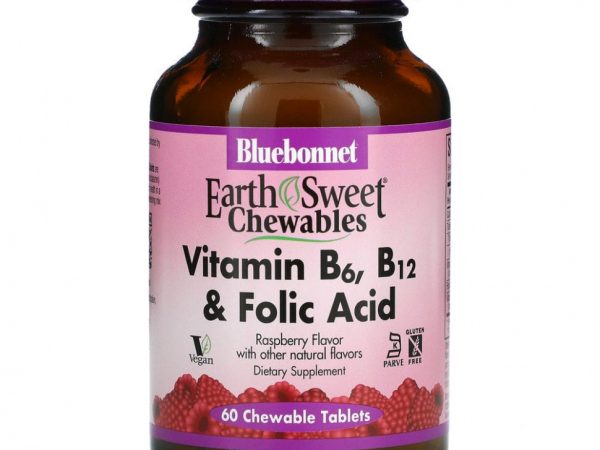 Bluebonnet Nutrition, Earth Sweet, жевательные таблетки с витаминами B6, B12 и фолиевой кислотой, со вкусом малины, 60 жевательных таблеток