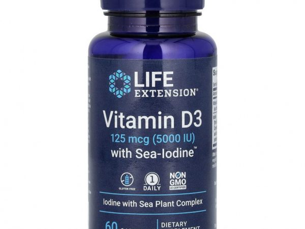 Life Extension, витамин D3 с Sea-Iodine, 125 мкг (5000 МЕ), 60 капсул