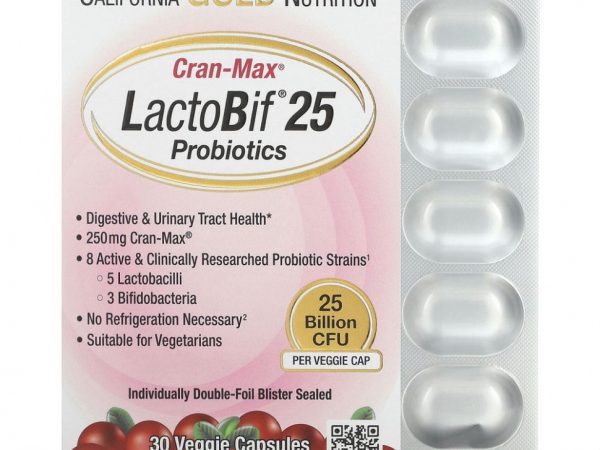 California Gold Nutrition, Lactobif, Cran-Max, пробиотики, 25 млрд КОЕ, 30 растительных капсул