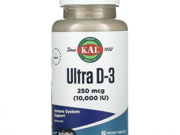 KAL, Ultra D-3, витамин D3, с нейтральным вкусом, 250 мкг (10 000 МЕ), 90 мини-таблеток