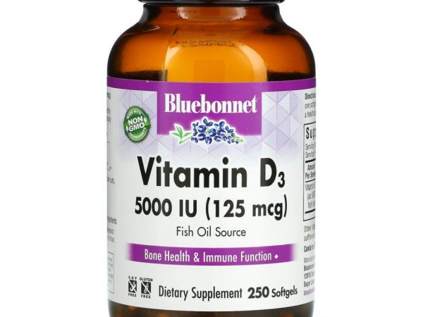 Bluebonnet Nutrition, витамин D3, 125 мкг (5000 МЕ), 250 капсул