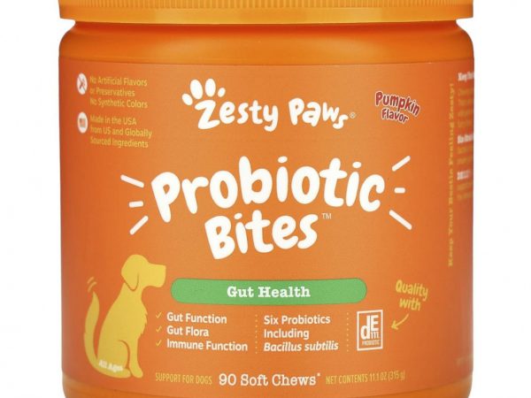 Zesty Paws, Probiotic Bites, добавка для собак с пробиотиками, для пищеварения, для любого возраста, со вкусом тыквы, 90 мягких жевательных таблеток