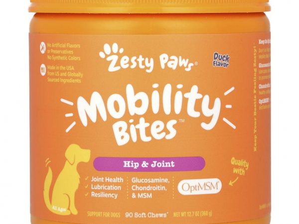 Zesty Paws, Укусы для передвижения для собак, бедра и суставы, для всех возрастов, со вкусом утки, 90 мягких жевательных кусочков, 12,7 унции (360 г)