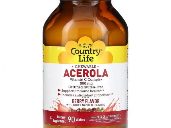 Country Life, ацерола в жевательной форме, комплекс витамина C, со вкусом ягод, 500 мг, 90 жевательных таблеток