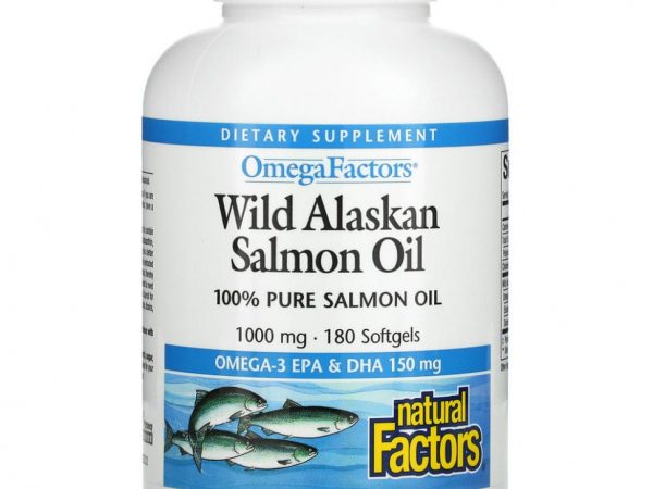 Natural Factors, Omega Factors, жир дикого аляскинского лосося, 1000 мг, 180 капсул
