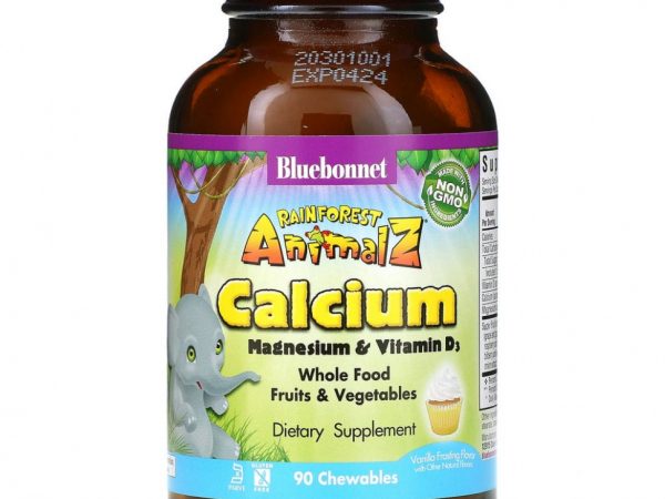 Bluebonnet Nutrition, Rainforest Animalz, кальций, магний и витамин D3 с натуральным ароматизатором со вкусом ванильной глазури, 90 жевательных таблеток в форме животных