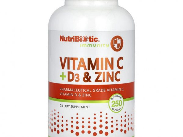 NutriBiotic, Immunity, витамины C + D3 и цинк, 250 капсул