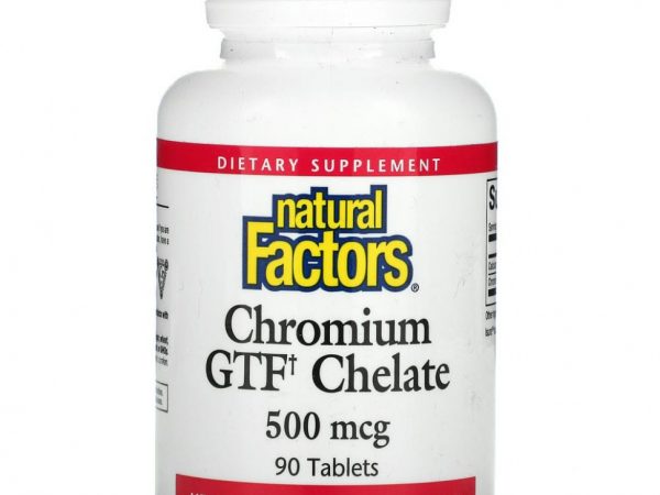 Natural Factors, хелат хрома с фактором толерантности к глюкозе (GTF), 500 мкг, 90 таблеток