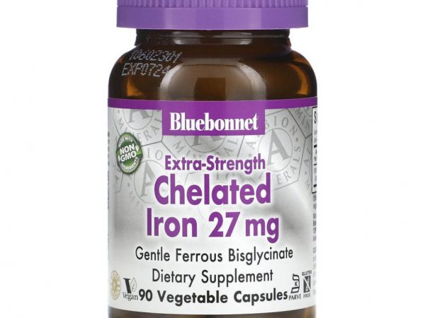 Bluebonnet Nutrition, Хелатное железо усиленного действия, 27 мг, 90 растительных капсул