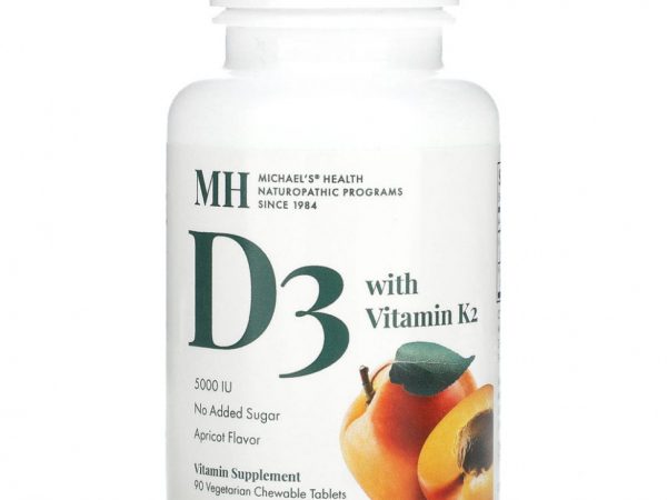Michael's Naturopathic, витамин D3, с витамином K2, вкус абрикоса, 5000 мкг, 90 вегетарианских жевательных таблеток
