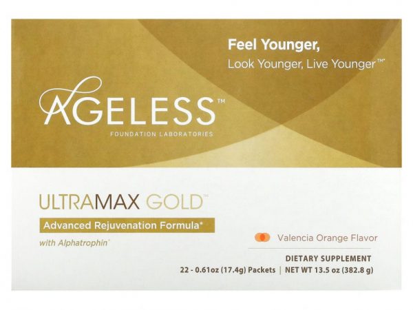 Ageless Foundation Laboratories, UltraMax Gold, улучшенная формула омоложения с альфатрофином, со вкусом валенсийского апельсина, 22 пакетика по 17,4 г каждый