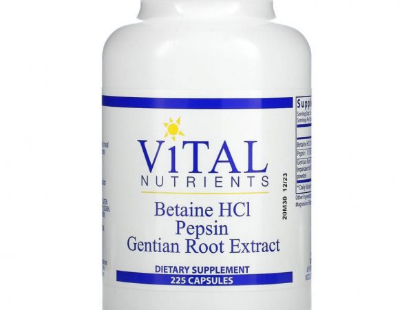 Vital Nutrients, Бетаин гидрохлорид, пепсин, экстракт корня горечавки, 225 капсул