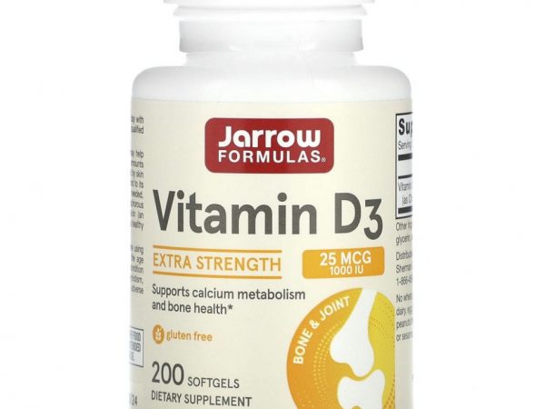 Jarrow Formulas, витамин D3, холекальциферол, 25 мкг (1000 МЕ), 200 мягких таблеток