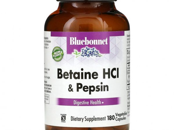 Bluebonnet Nutrition, Бетаина гидрохлорид, с пепсином, 180 растительных капсул